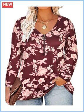 Plus Size Long Sleeve V-Neck Half Zip Floral Tunic Top
